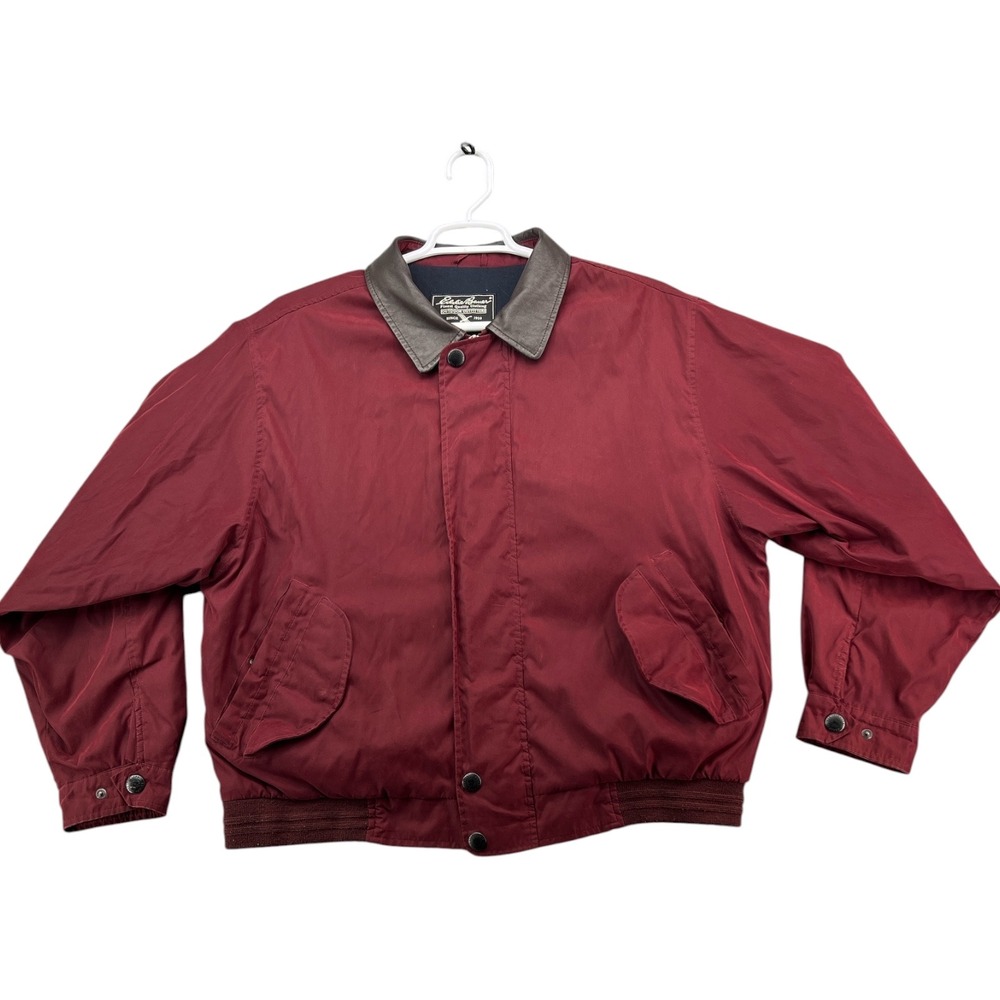 Eddie Bauer Mens Bomber Jacket Burgundy Red Leather Collar Quilted Lined Large
